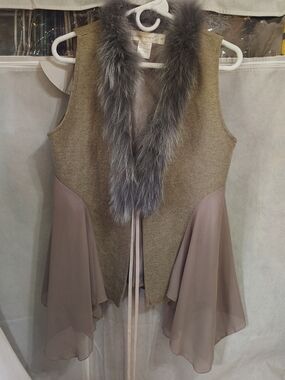 Faux Fur-Trimmed Taupe & Gray Women's Tunic Vest